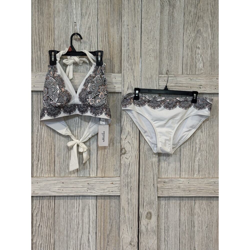 Swimsuits For All 2 Pc Bikini White W/Black Design‎ Sz 14 Beach Pool Cruise NWT